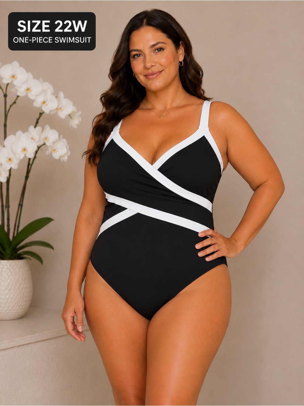 Anne Cole Black with White Stripe One-Piece Swimsuit Size 22W NEW